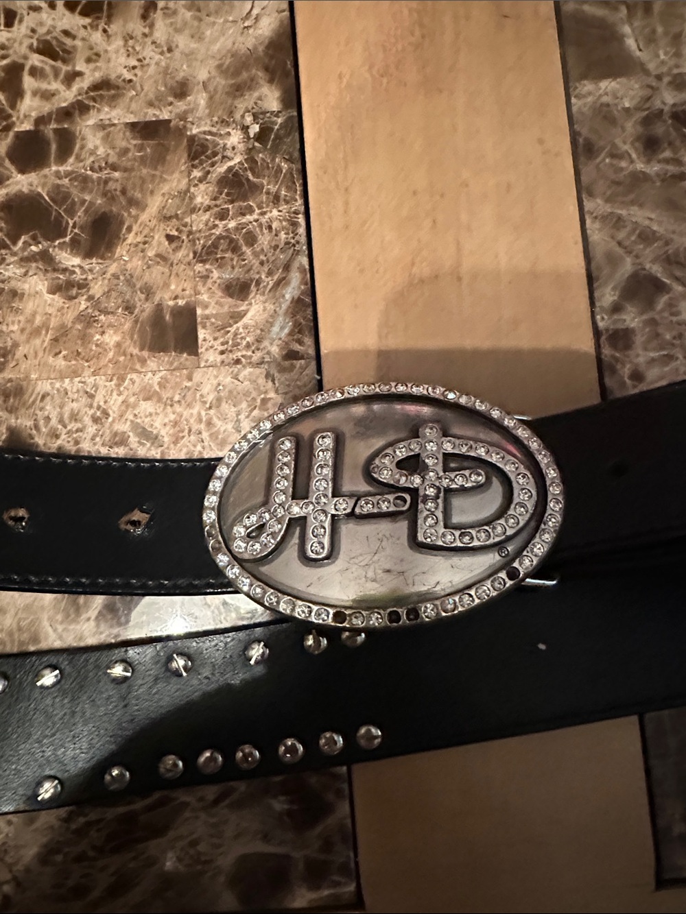 Harley-Davidson Black Leather Belt with Crystal-Embellished Oval Buckle
